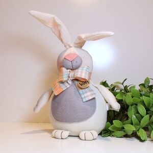 Handmade Plush Bunny with Plaid Bow - Cream & Gray